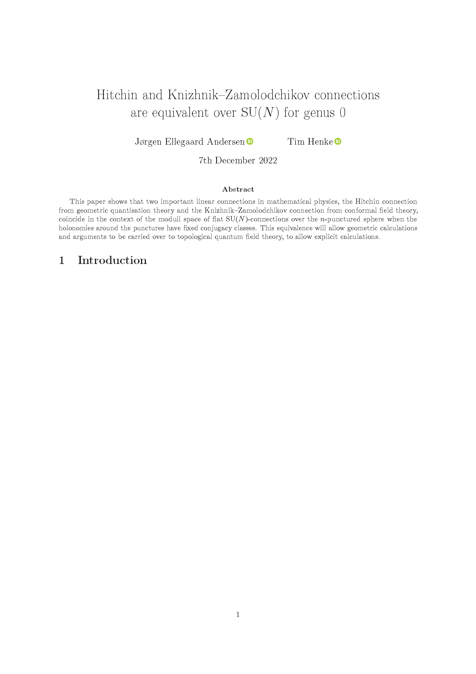 First page of paper Hitchin and Knizhnik&ndash;Zamolodchikov connection are equivalent over SU(N) for genus 0
