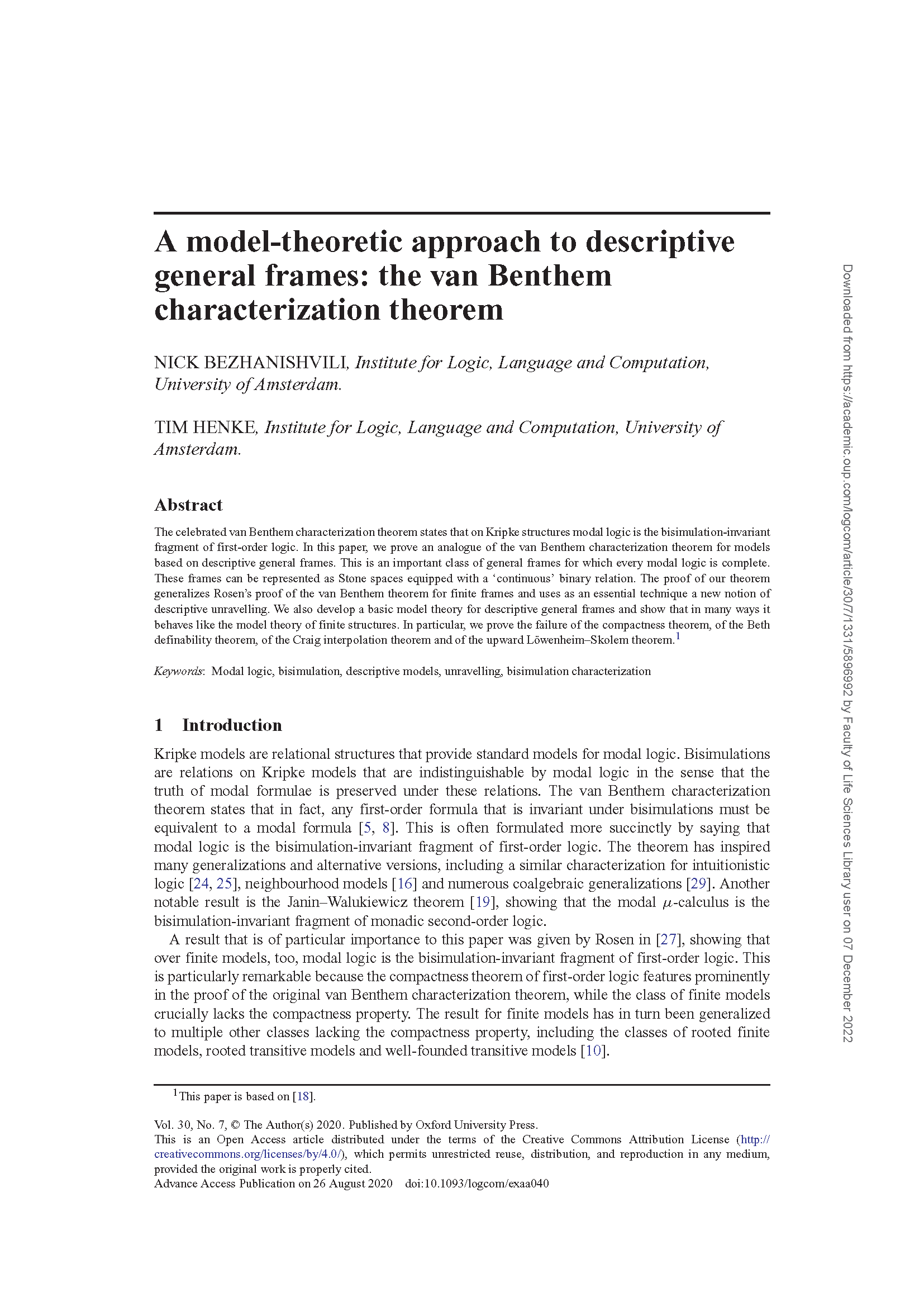 First page of the paper A model-theoretic approach to descriptive general frames: the van Benthem characterization theorem